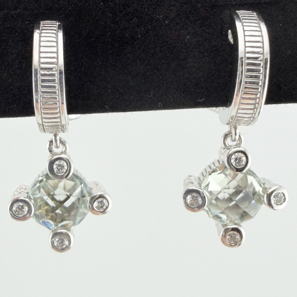 Judith Ripka 925 Sterling Silver Prasiolite CZ Drop Earrings Green Silver